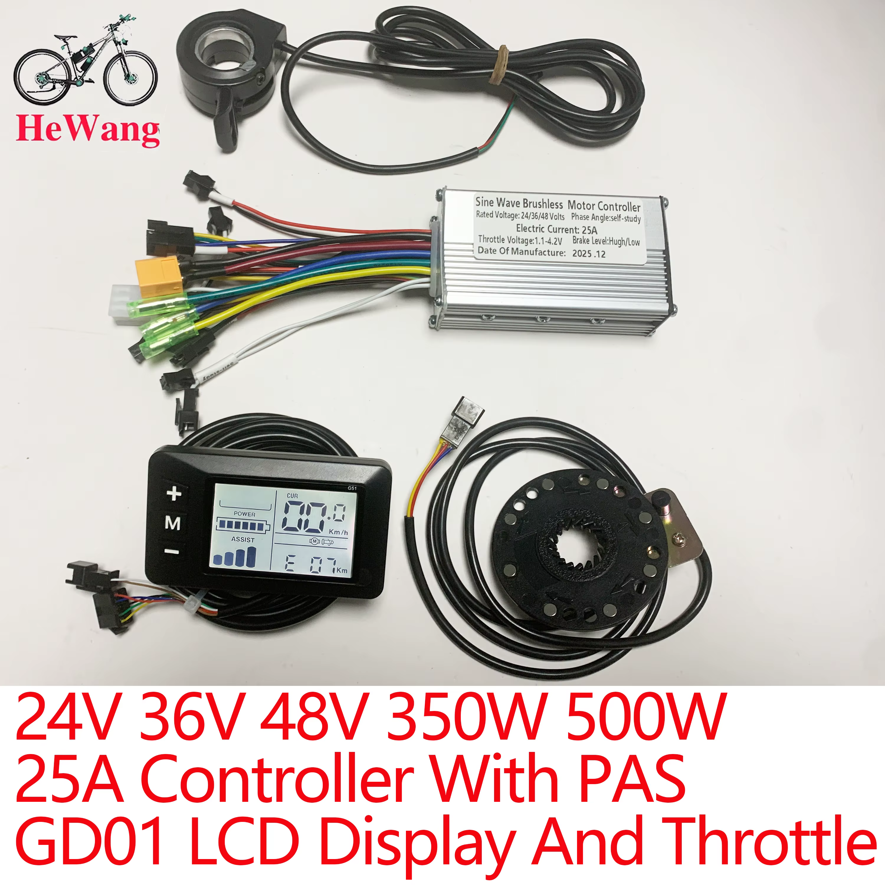 Contrôleur de moteur sans balais pour vélo électrique 25A/30A, 24V 36V 48V 350W 500W, avec écran LCD