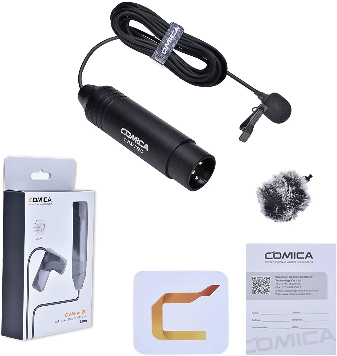 Microphone cravate cardioïde COMICA CVM-V02C 1,8 m XLR avec pince de fixation, bonnette anti-vent et