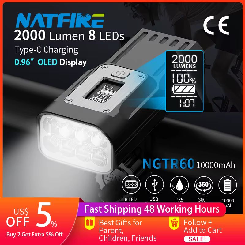 NATFIRE NGTR60 Lampe de vélo puissante avec affichage de données en temps réel OLED, phare de vélo r
