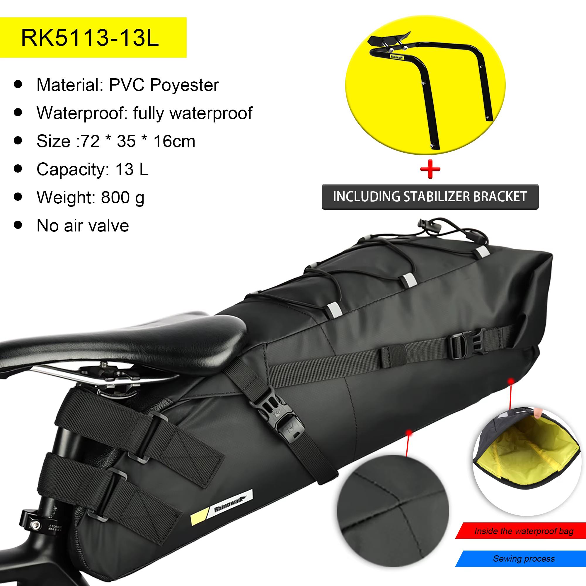 Rhinowalk – ensemble de sacoches de vélo + stabilisateur, étanche, grande capacité 13L, plus Stable