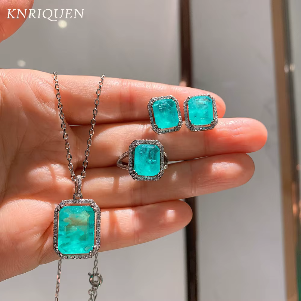 Paraiba Tourmaline Gemstone Stud Boucles d'oreilles, Bague, Collier, Bijoux fins de mariage de luxe,