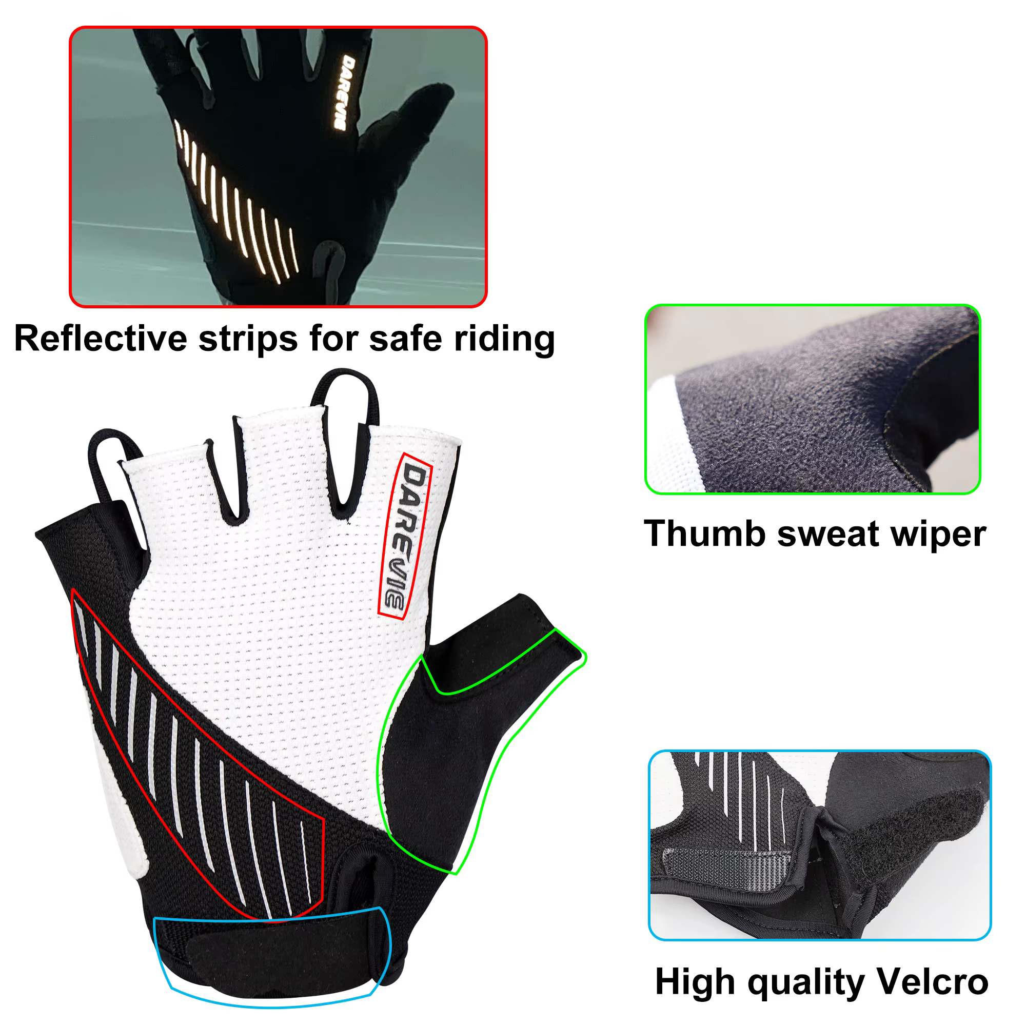DAREVIE Gants de cyclisme rembourrés en gel pour hommes, tissu taïwanais, antichoc, sans doigts, con