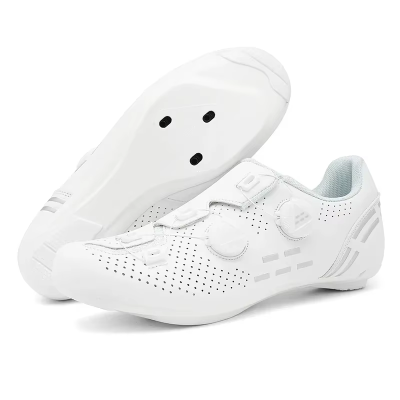 Chaussures de cyclisme sur route pour hommes et femmes, baskets plates à crampons, blanches, autoblo