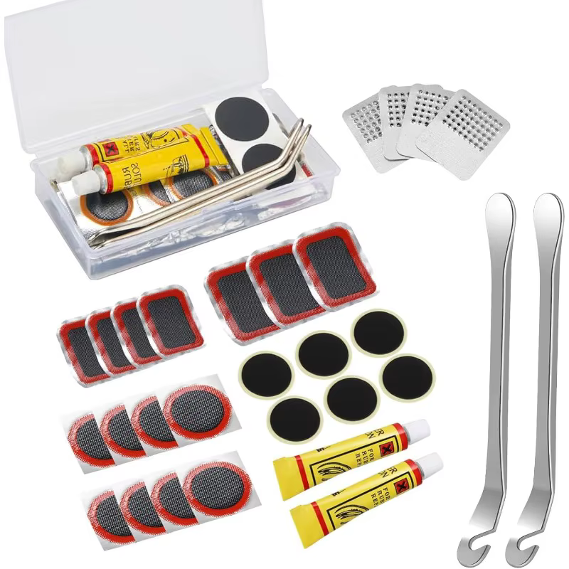 Kit de réparation de pneus de vélo-8 patchs, 3 râpes métalliques, leviers de pneus, colle pour une r