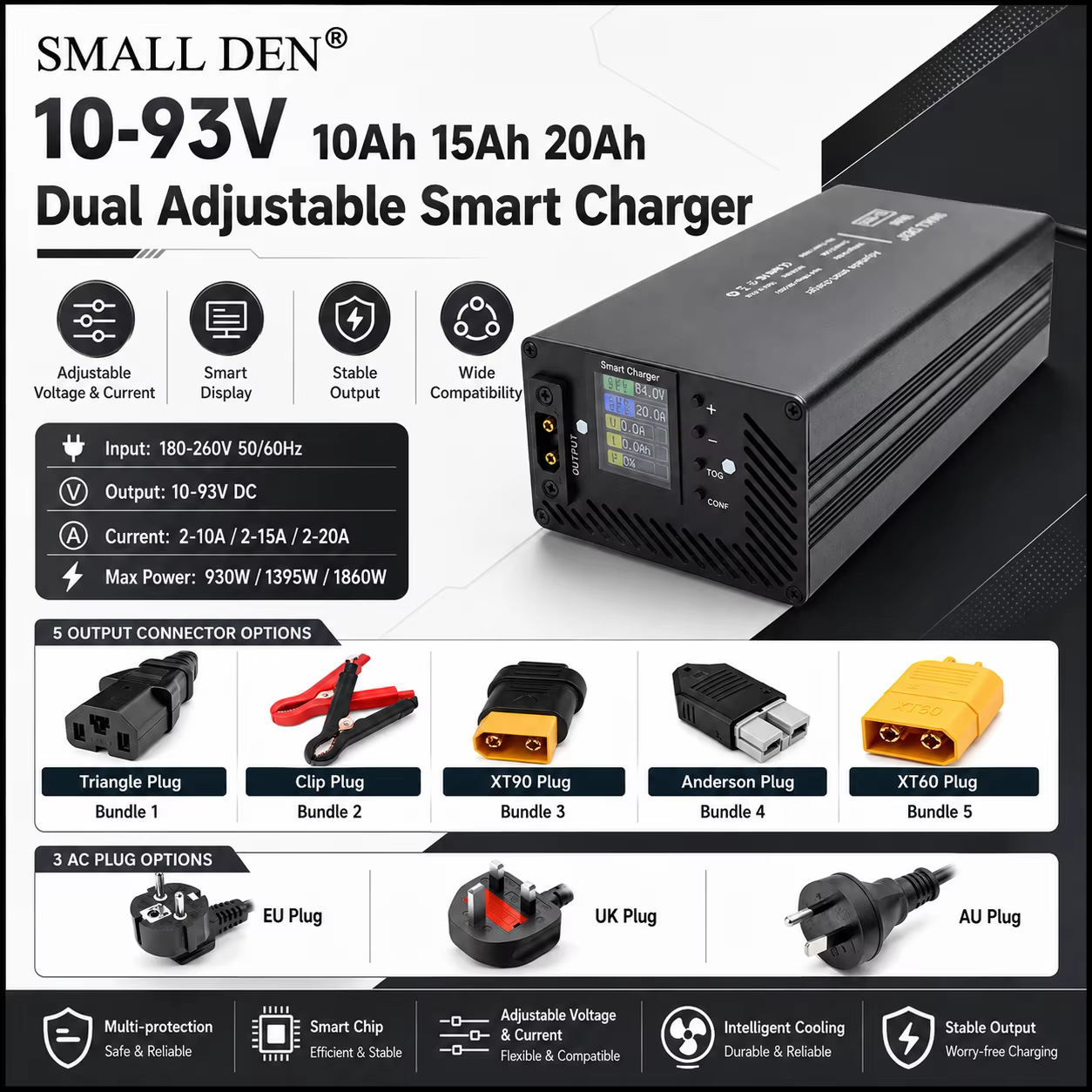 Chargeur intelligent double réglable 10-93V 10A 15A 20A avec écran LCD 1860W Chargeur rapide pour vé