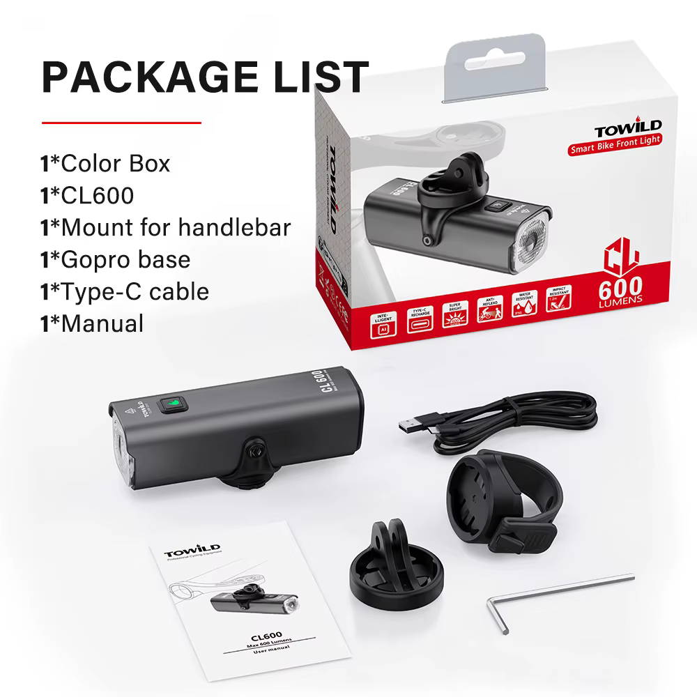 TOWILD CL600S vélo lumière avant lampe 600 lumens USB Rechargeable LED 2600mAh vélo lumière IPX6 éta