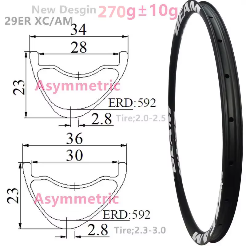 Jantes Carbonbeam neuves, seulement 270g, profondeur asymétrique 23mm, largeur 28mm, 30mm, 32mm, 29e