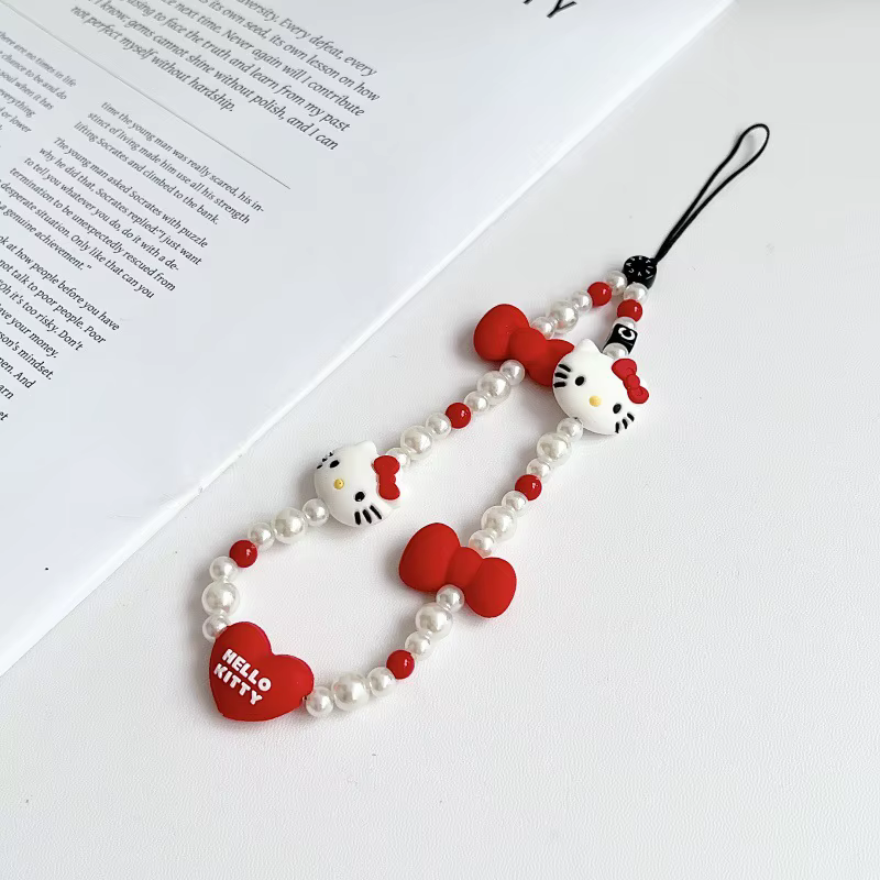 Cordon de téléphone Kawaii Hello Kitty avec nœud et perles pour appareil photo, accessoire de téléph