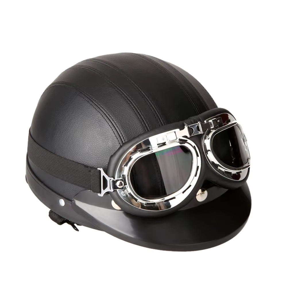 Casque demi-cuir à visage ouvert pour moto et Scooter, avec visière, lunettes UV, Style rétro Vintag