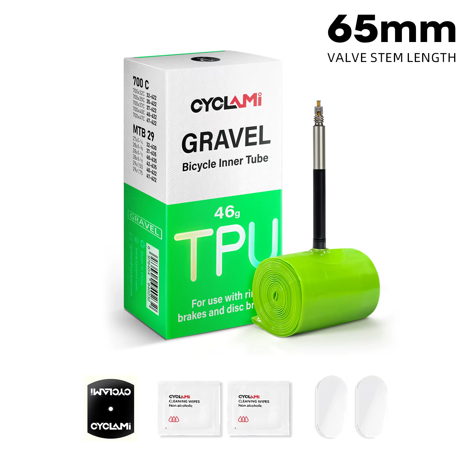 Chambre à air CYCLAMI pour vélo de gravier, route, tout-terrain, VTT, en TPU, valve Presta 45 65, ul