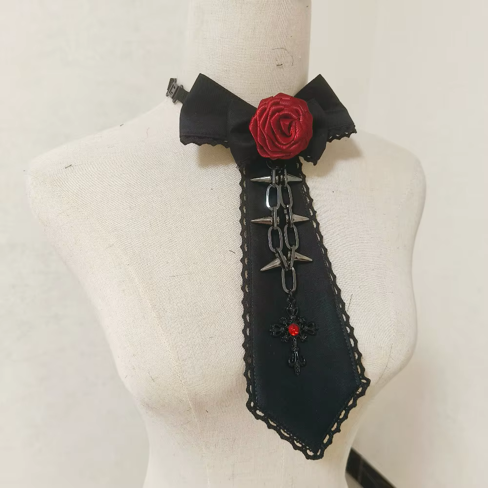 Cravate gothique lolita, cravate à rose, croix médiévale, accessoires de cosplay gothique, style pun