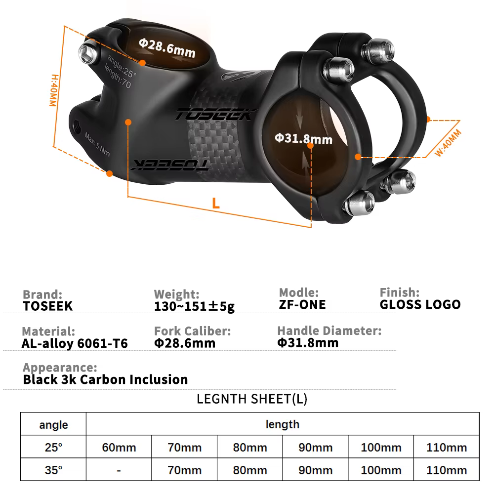 Toseek-Potence de vélo de montagne en carbone ZF-ONE à 25/35 degrés, potence de guidon de 31.8mm, pi