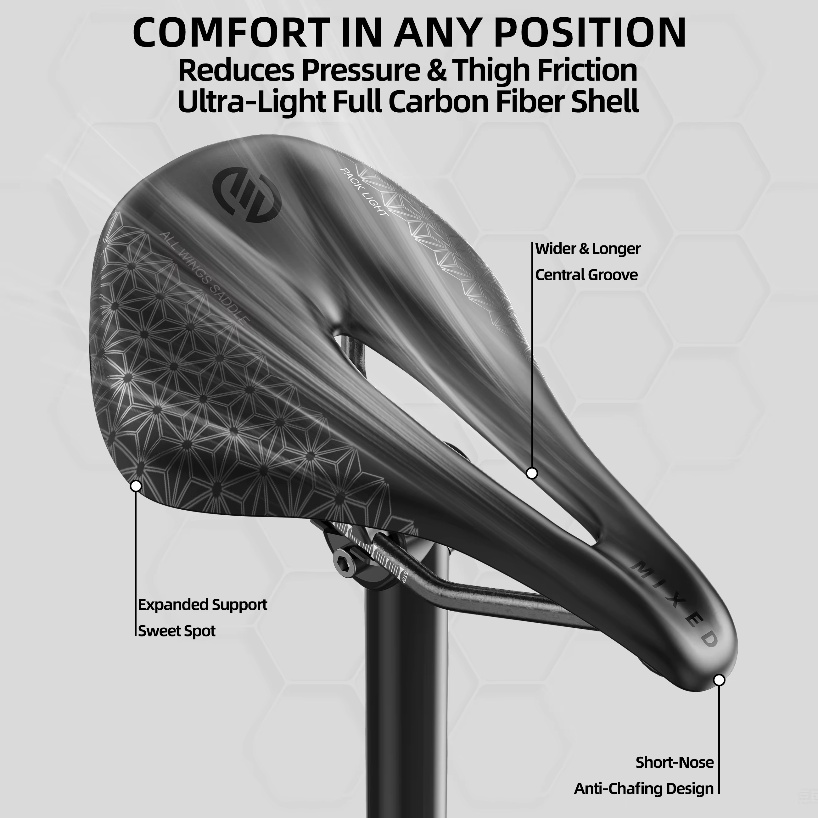 Selles de vélo en carbone 6D mixtes 155 mm pour route et VTT – Pack de sièges légers et confortables