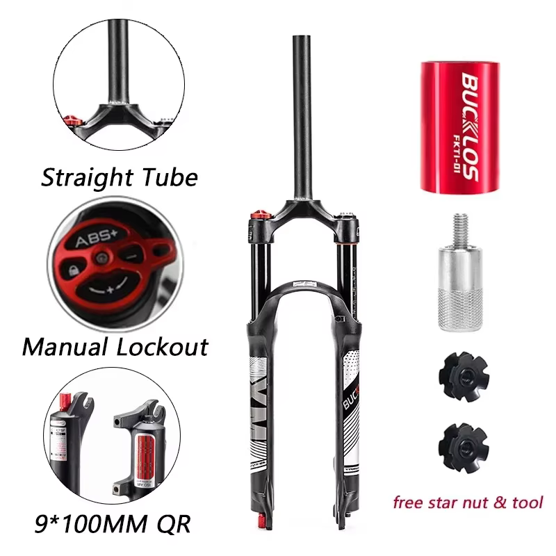 BUCKLOS fourche de vélo 26/27, 5/29 pouces Suspension pneumatique fourche vtt 9*100MM rebond réglabl