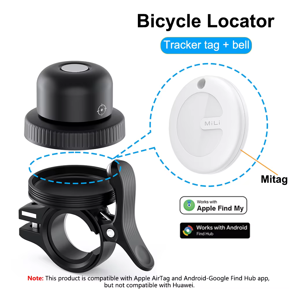 Traceur de vélo, sonnette de vélo compatible avec Apple Find My et Android Google Find Hub, localisa