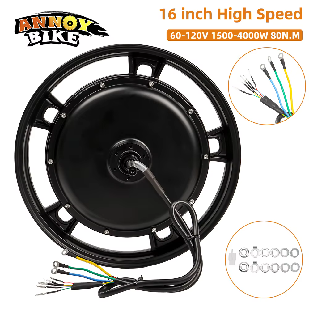Moyeu de roue à moteur sans balais pour vélo électrique, 16 pouces, 60V, 120V, 1500-4000W, haute vit