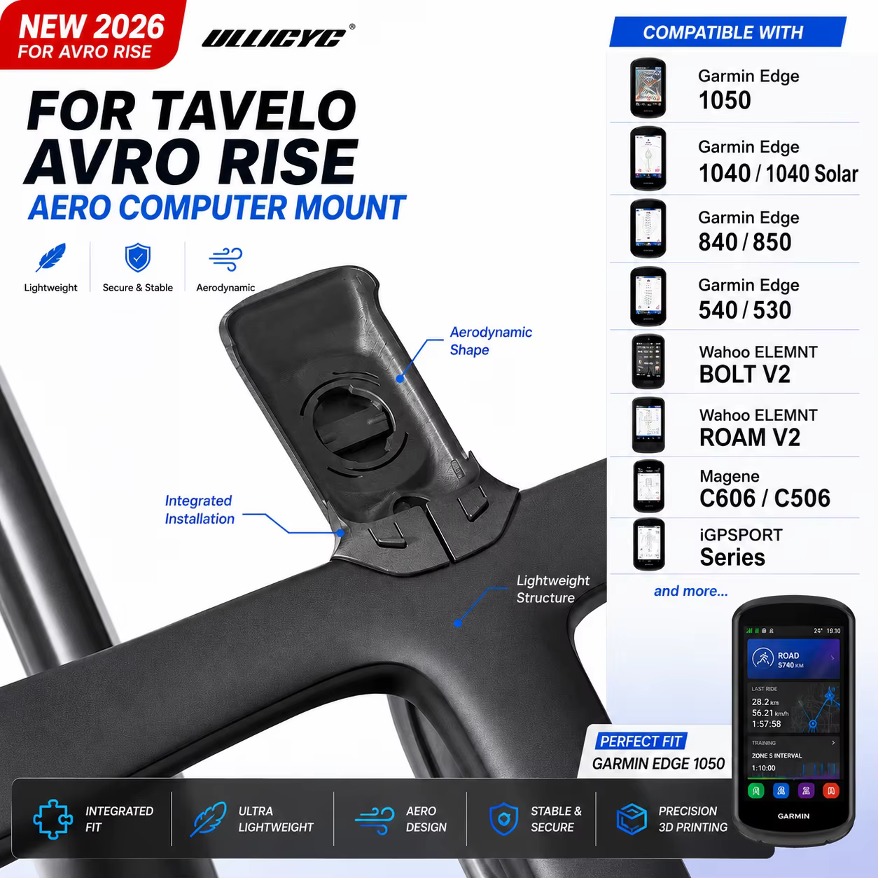 Support d'ordinateur aérodynamique imprimé en 3D pour guidon Tavelo Avro Rise Rocket, compatible ave