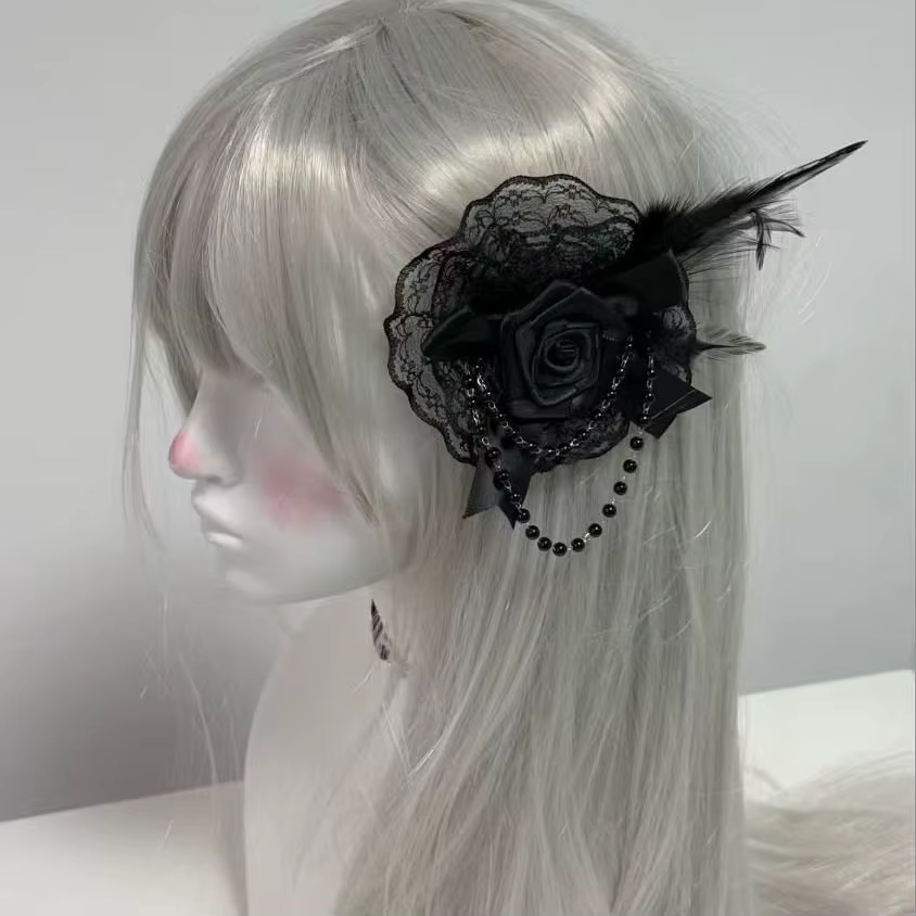 Accessoires pour cheveux Lolita gothiques rétro foncé, plumes de Rose, couvre-chef en dentelle, boul