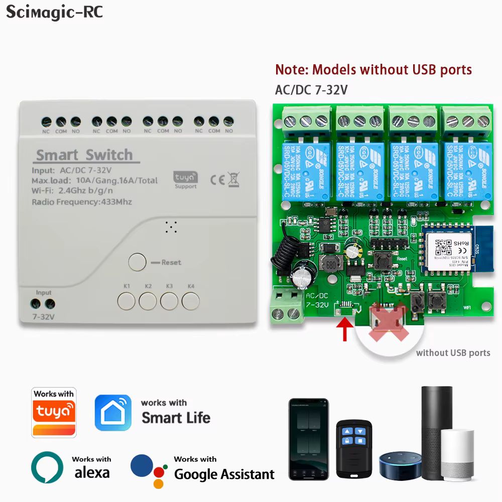 Module d'interrupteur intelligent Zigbee eWelink Wifi 12V 24V 110V 220V RF 433 Télécommande 4CH Rela