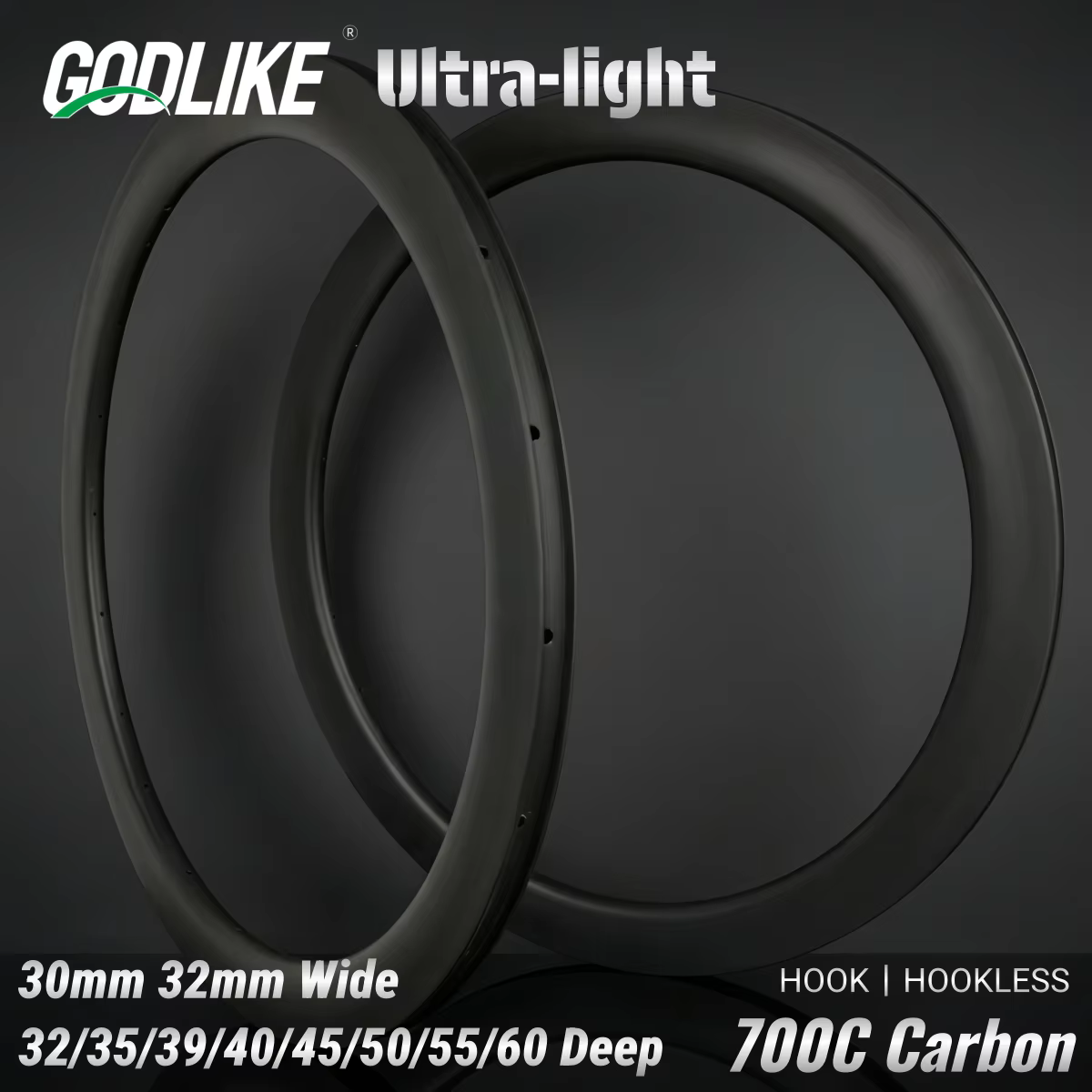 Roue de vélo de route 700c, jante asymétrique en carbone 30/32mm de large, tubeless, clincher, hookl