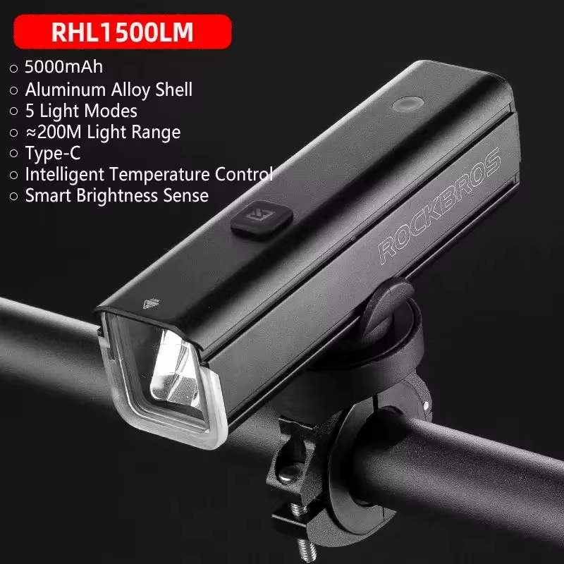 ROCKBROS lumière de vélo 1500LM5000mAh type-c lumière de vélo contrôle de température IPX6 aluminium