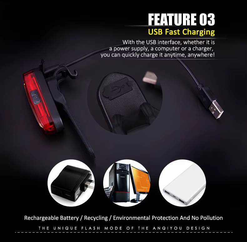 Feu arrière de vélo LED étanche, feu avant et arrière de vélo, Rechargeable par USB, pour équitation