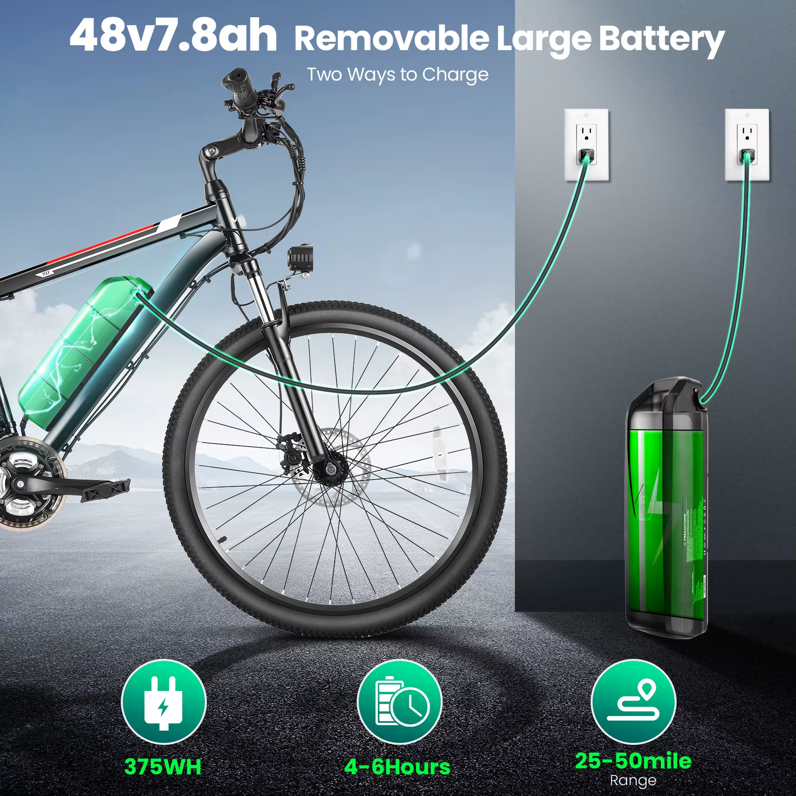 VTT Électrique de 26 Pouces avec 500W, Batterie Perfecto de 48V, 20MPH, Jusqu'à 50 Miles, Régulateur