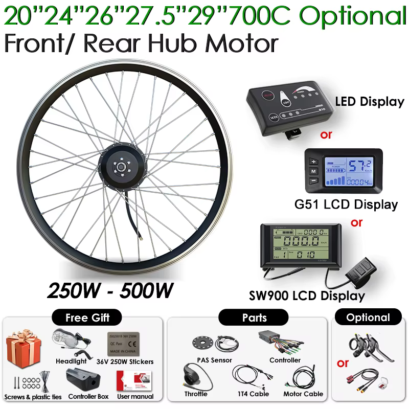 Kit de conversion de vélo électrique 36V 48V 250W 350W 500W, moteur roue arrière ou avant, 20 24 26 