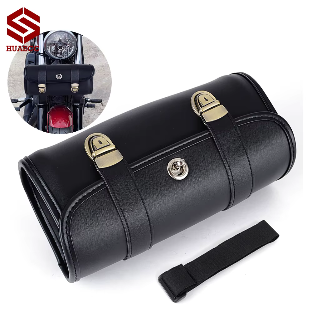 Sac à outils en forme de baril pour moto, sacoche noire pour fourche avant, sacoche de selle