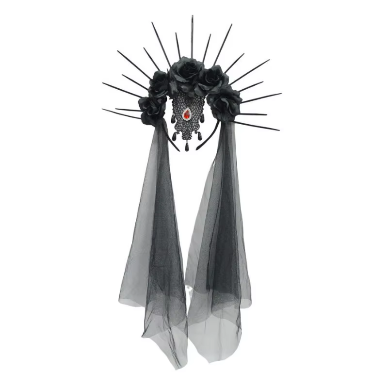 Couronne halo gothique, bandeau fleuri, voile noir. Accessoire de couronne Sunburst Spike pour dames