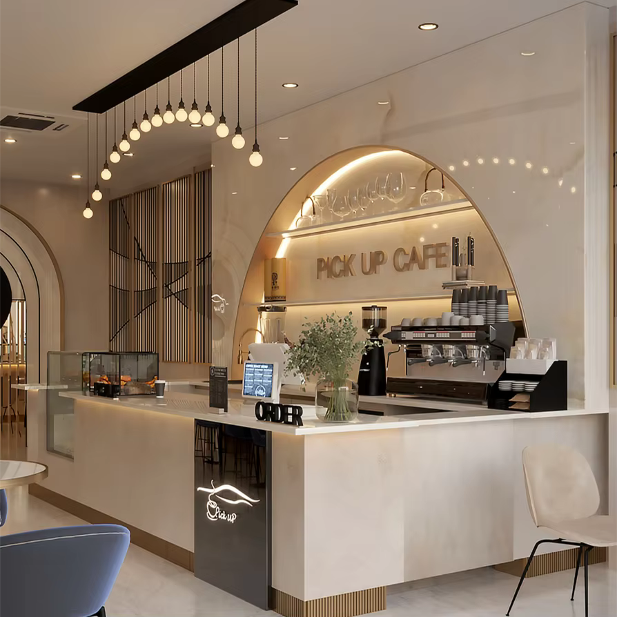 Comptoir de bar à café personnalisé haut de gamme, kiosque à café au design intérieur épuré et acces