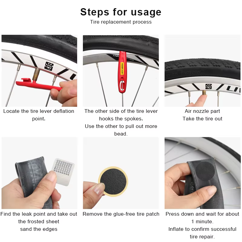 Kit de patchs de puces sans colle pour vélo, chambre à air de vélo, levier de pneu, outil de réparat