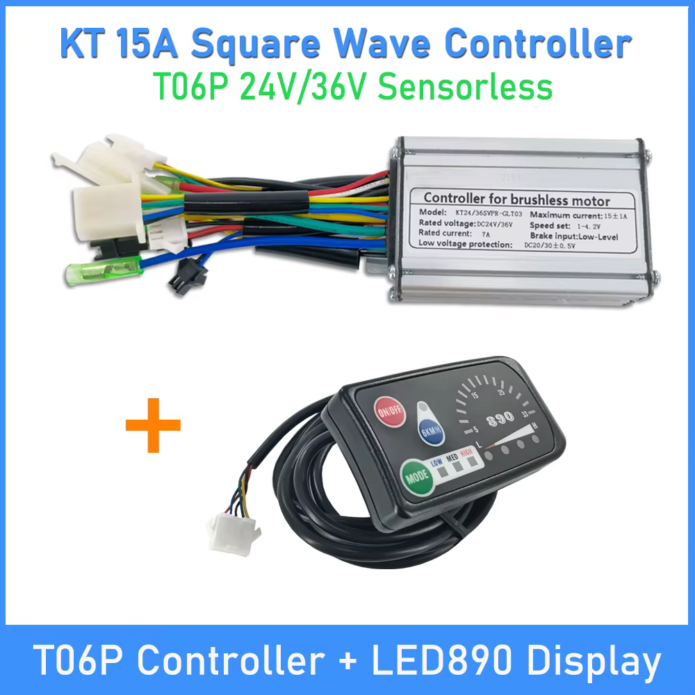 Contrôleur de vélo électrique KT T06P 15A 24V 36V 250W, contrôleur à onde carrée avec simulation de 