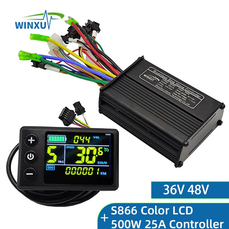 Contrôleur de moteur sans balais à onde sinusoïdale FOC pour vélo électrique 36V 48V 500W 25A, ensem