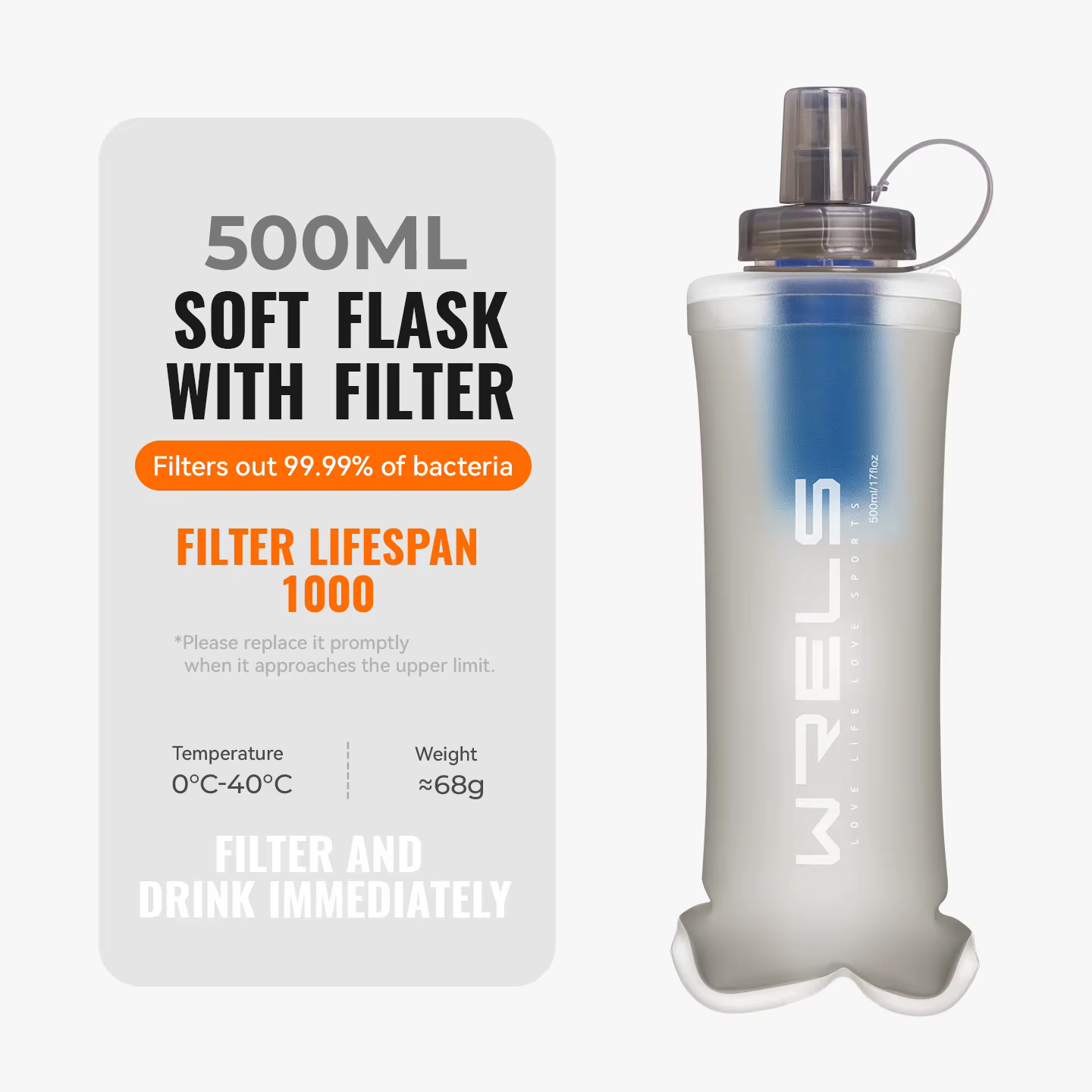 Bouteille d'eau filtrante pliable ultralégère WRELS, gourde souple compressible pour gilets d'hydrat