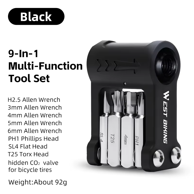 WEST BIKING – outils de vélo multifonctionnels 9 en 1, Kit de clés, injecteur de CO2, jeu de clés Al