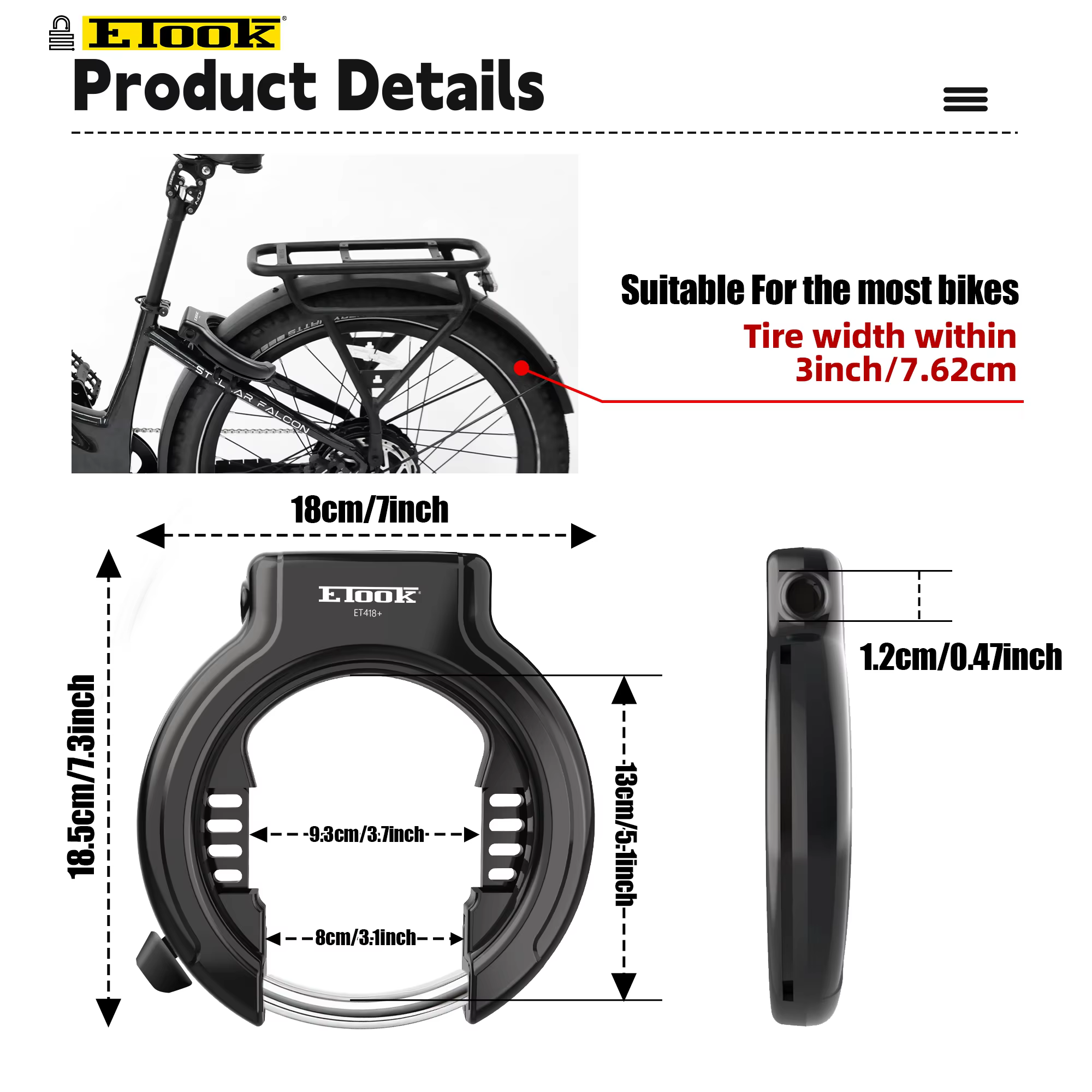 Antivol de cadre de vélo ETOOK, antivol de vélo en forme de fer à cheval, antivol de vélo en acier t