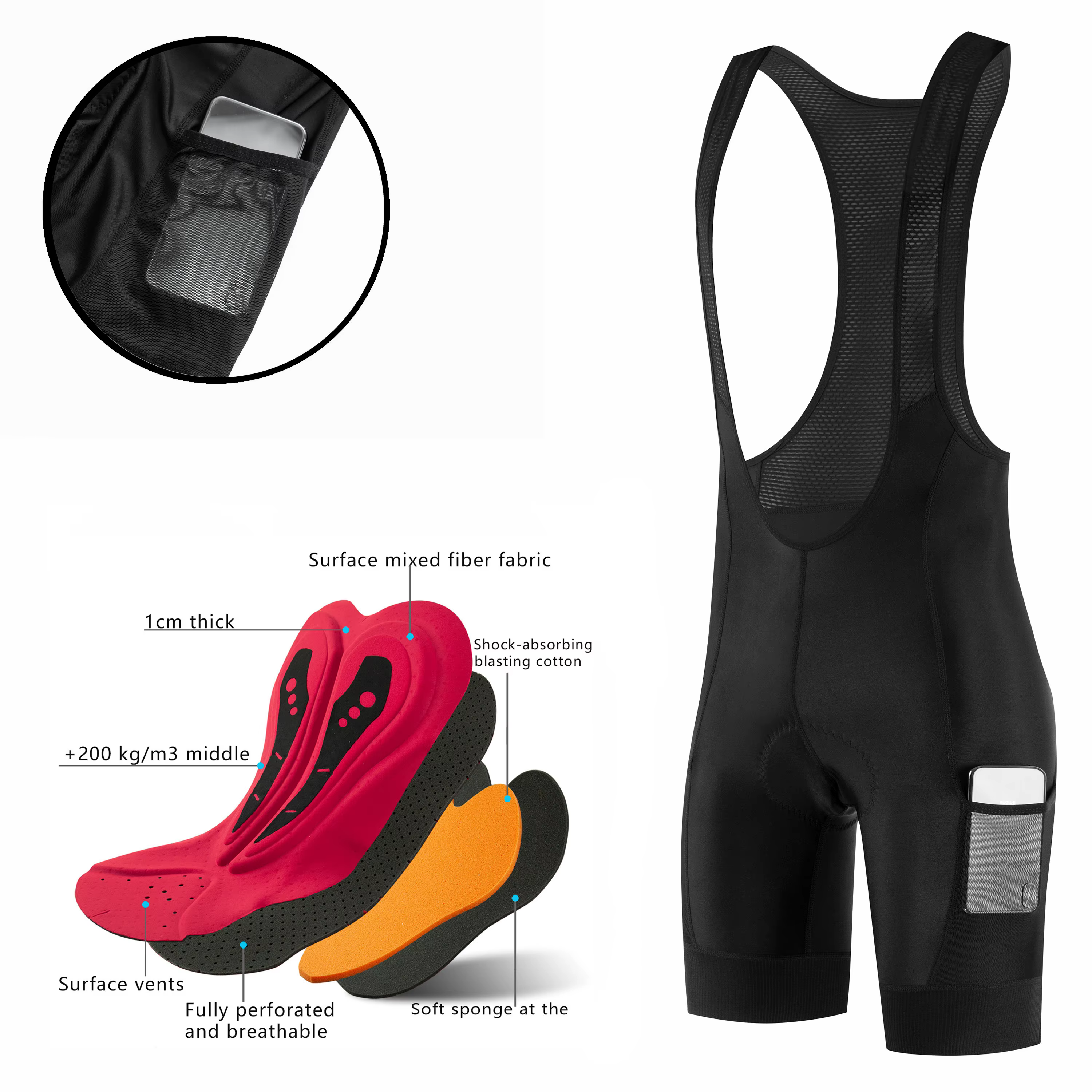 Fualrny cuissard à bretelles de cyclisme 5D Gel Pad VTT Shorts Bretelle poches extérieur respirant U
