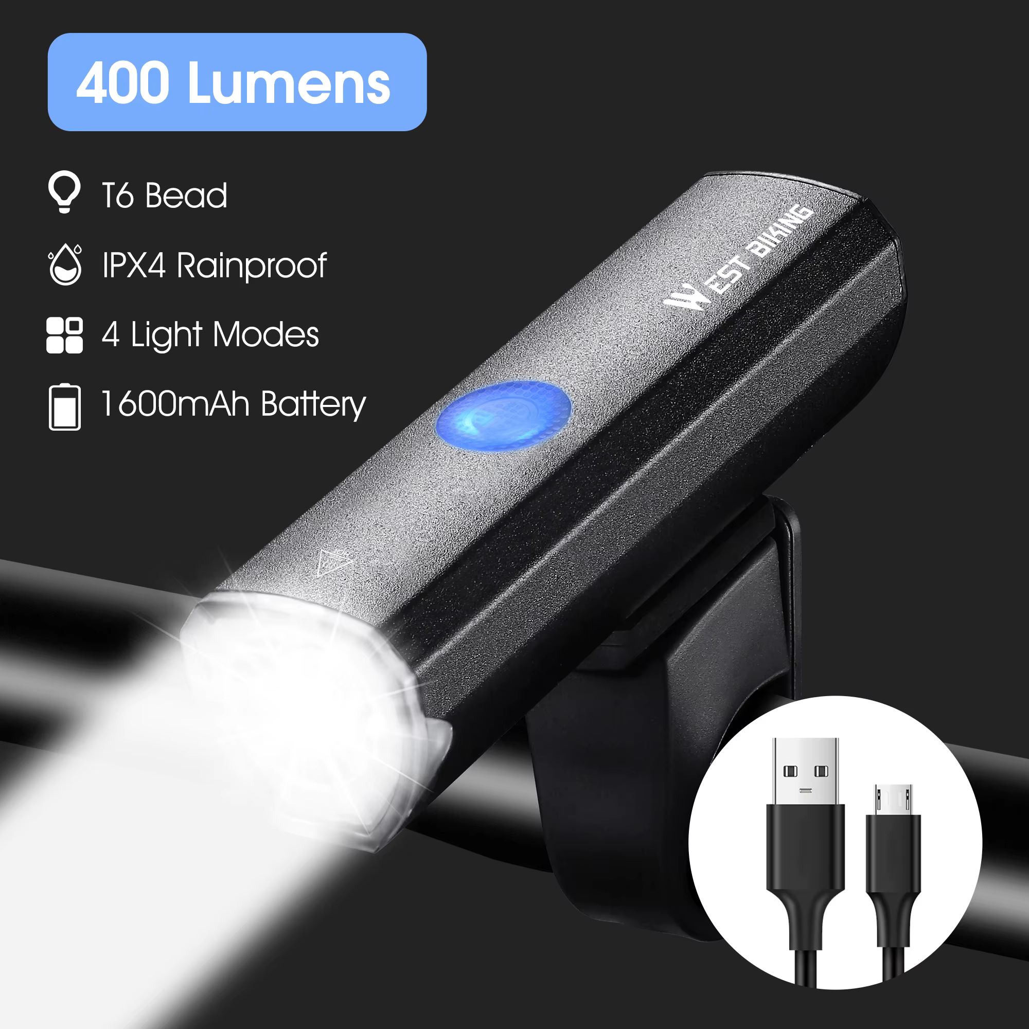 WEST BIKING-enquêter avant LED pour vélo, aste par USB, batterie au lithium 1600mAh, lampes de poche