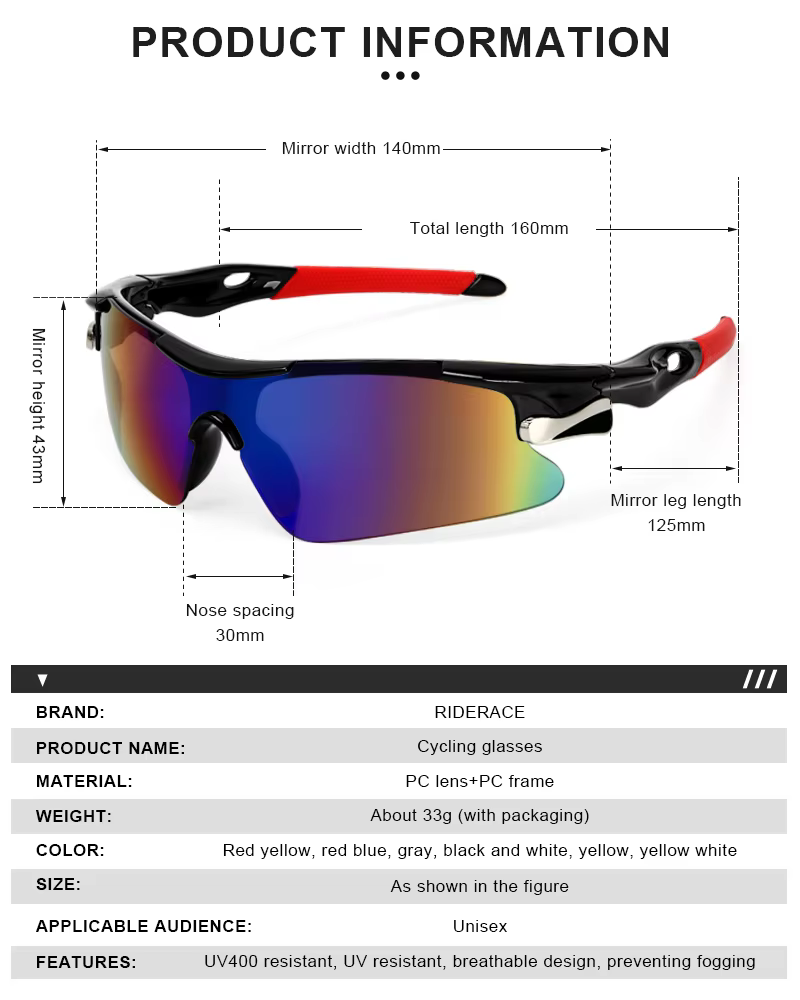 RIDERACE Sport Hommes Lunettes De Soleil Route Vélo Lunettes De Montagne Cyclisme Équitation Protect
