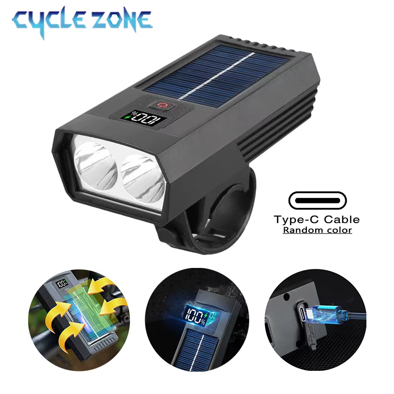 Feu avant de vélo LED à charge solaire, phare à affichage numérique pour vtt et vélo de route, lampe