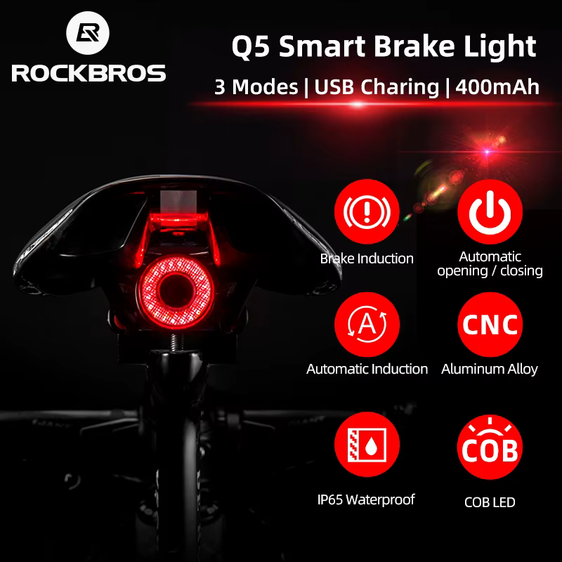 ROCKBROS Q5 feu arrière de vélo feu arrière LED IPx6 étanche USB Charge détection de frein automatiq