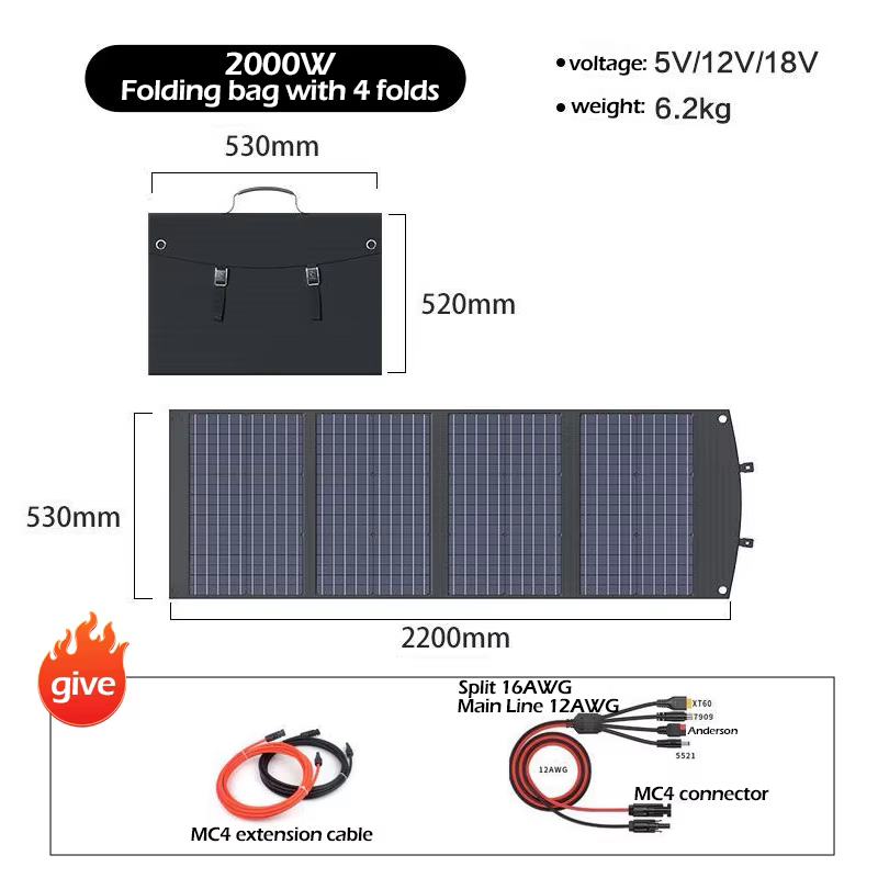 Panneau Solaire Pliable avec Câble de Sortie 5V/12V/18V, 4 Plis, 2000W, Adapté à l'Extérieur, Montre