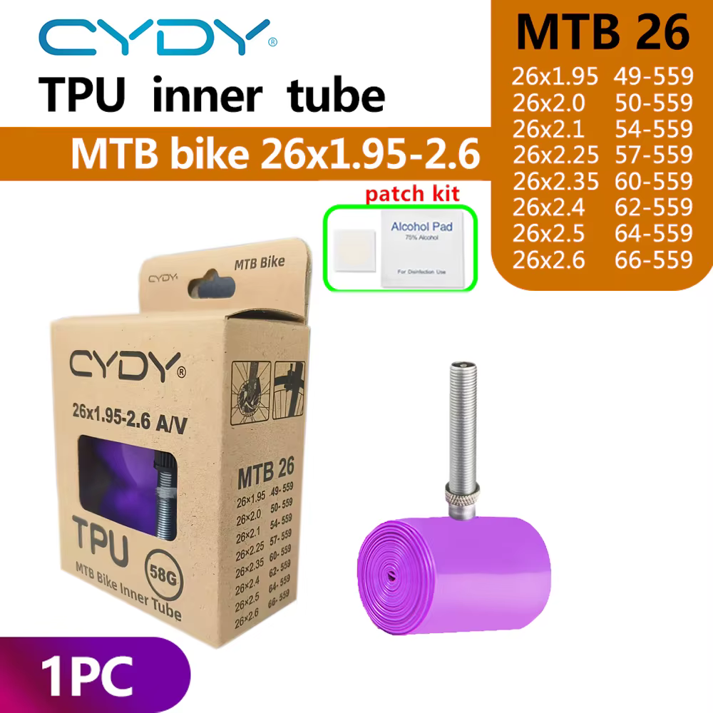Chambre à air de vélo VTT CYDY en TPU, pour pneus de 26, 27.5, 29 pouces (29x1.95-2.6), valve Schrad