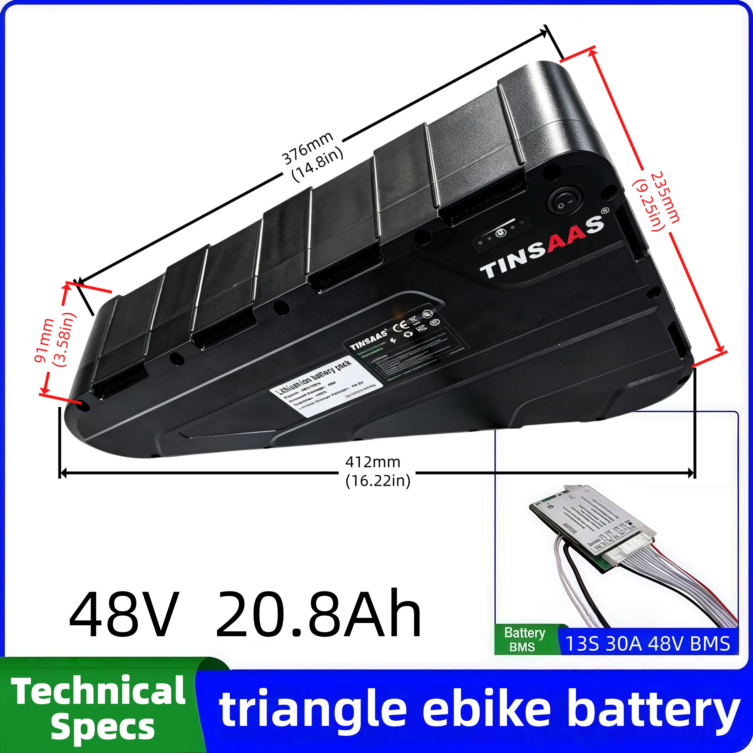 Batterie triangulaire pour vélo électrique 36V 48V 52V 60V 72V, cellules 21700, adaptée au cyclisme 