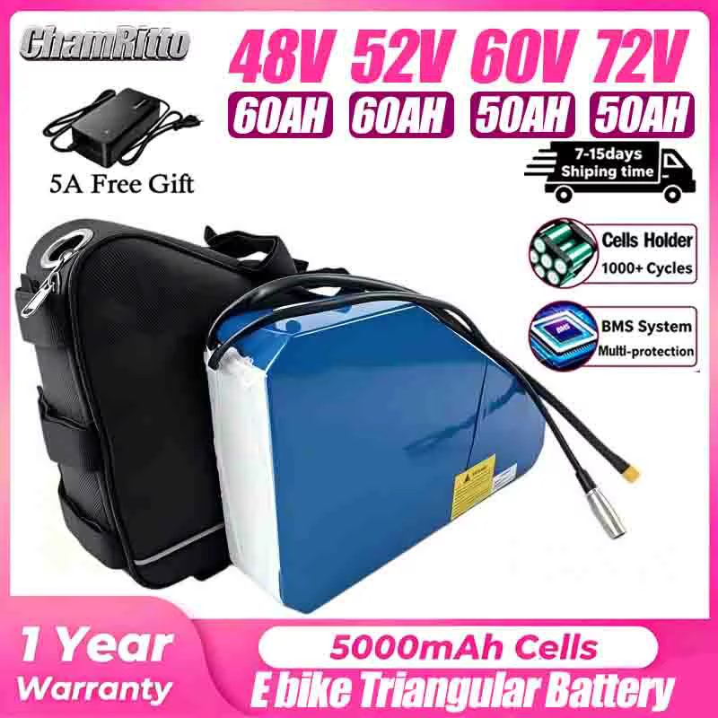 Batterie triangulaire pour vélo électrique, 36V 48V 52V 72V 60V 20 24 35 30ah 40ah 50ah 60ah 3000W, 