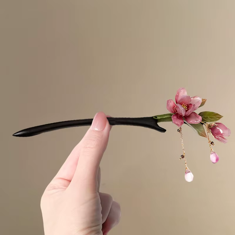 Épingle à cheveux florale de Style chinois, pompon de fleur rose, accessoire de cheveux élégant Hanf