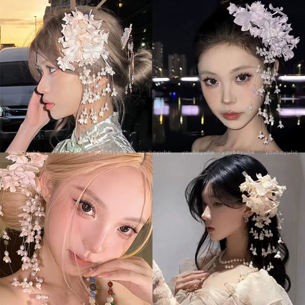 Superbe Coiffe de Mariée Élégante et Luxueuse, Accessoire Cheveux Fée avec Pompon, Perles et Fleurs,