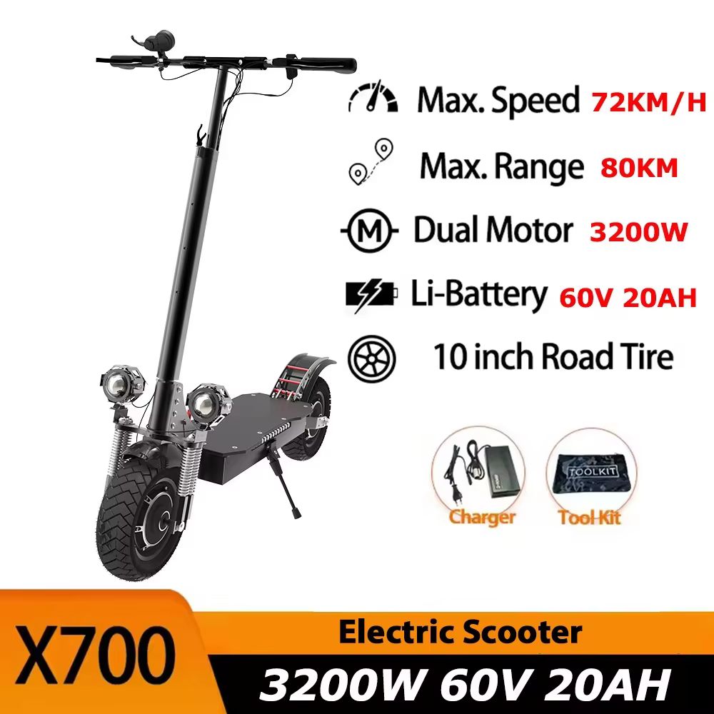 Trottinette électrique avec batterie Li-ion 20AH, moteur double 3200W, pneus tout-terrain de 10 pouc
