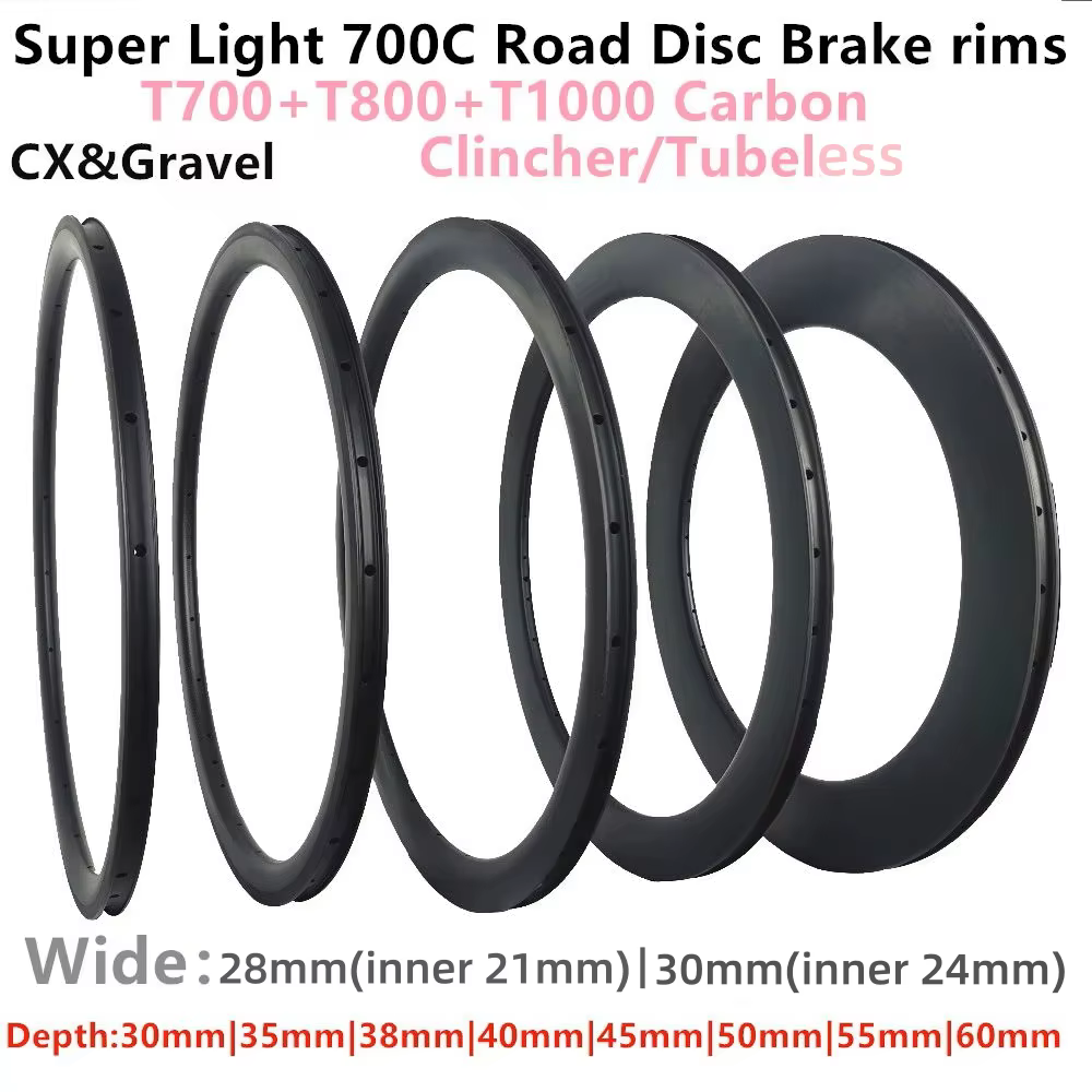 Jantes de vélo de route en carbone 700C T800+T1000 UD Mat 30mm 35mm 40mm 45mm 50mm 55mm 60mm pour Gr